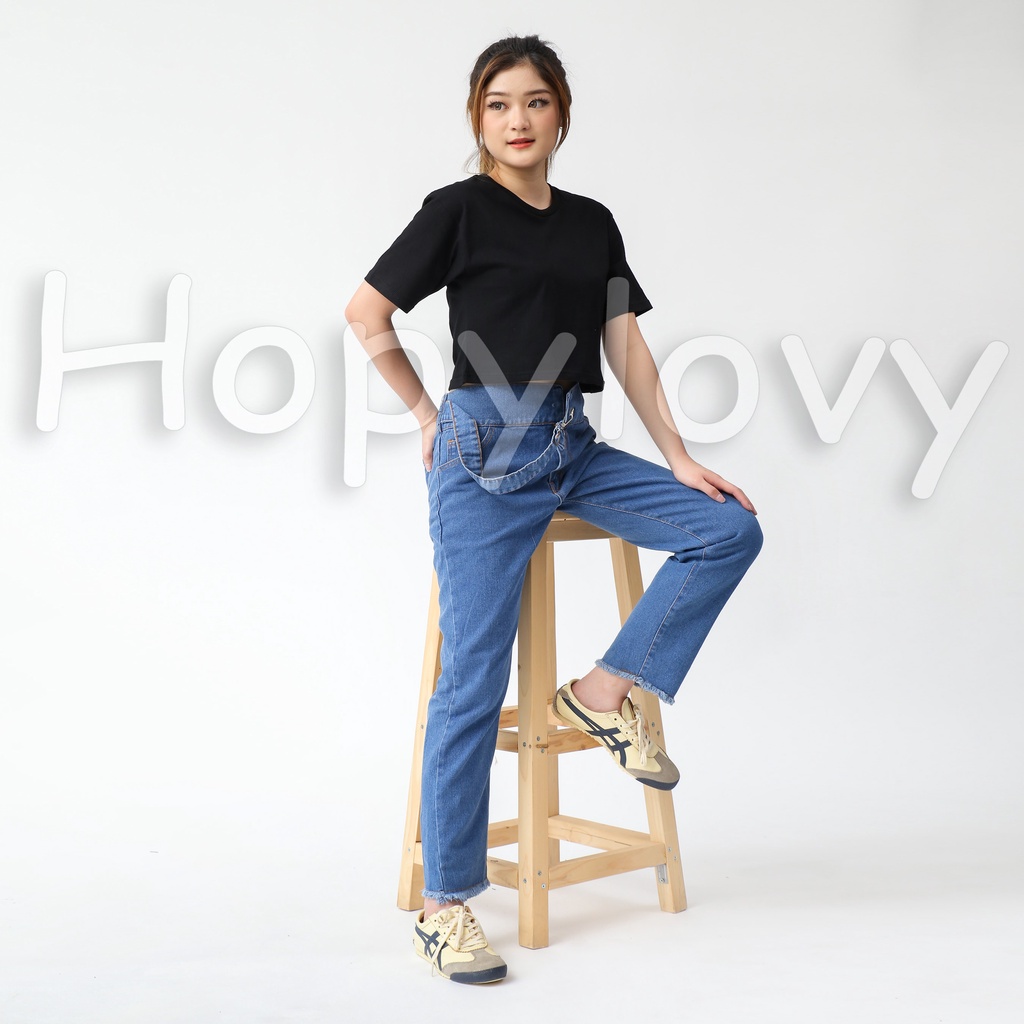 HOPYLOVY Celana Panjang Jeans Boyfriend Wanita Highwaist Jeans Rawis Barika Side Belt