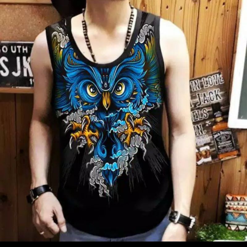 NEL-SINGLET KAOS DISTRO/T-SHIRT SINGLET COWOK OWL BIRU