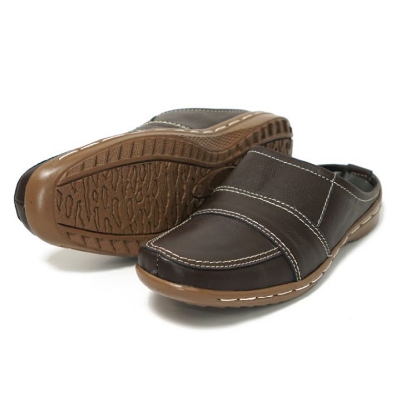Original Kulit Asli Sandal Slop Pria Sepatu Bustong AR07 Cokelat Bandung Cibaduyut