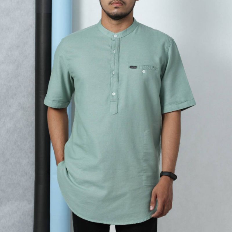 FASHION MUSLIM PRIA SAGE MINT HIJAU MINT LINEN WASHING LENGAN PENDEK BAJU KOKO PRIA PENDEK PREMIUM Q