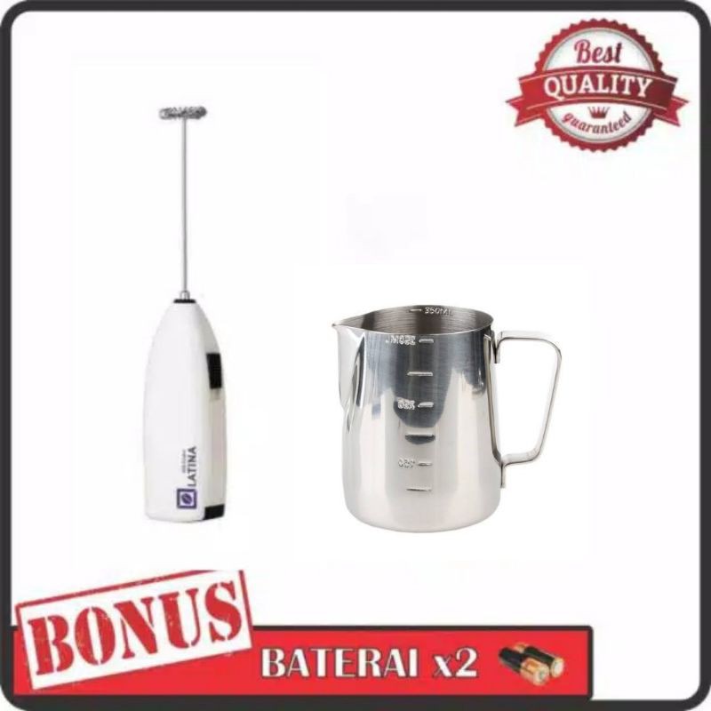 PAKET STAINLESS MILK JUG 350 ml ONE TWO CUPS + MILK FROTHER LATINA - BARISTA PROFESSIONALS TOOL