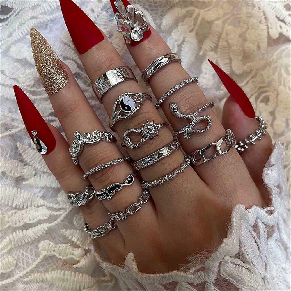 Solighter 16Pcs/Set Cincin Set Jari Perhiasan Fashion Rock Punk Gothic Vintage Aksesoris Tangan