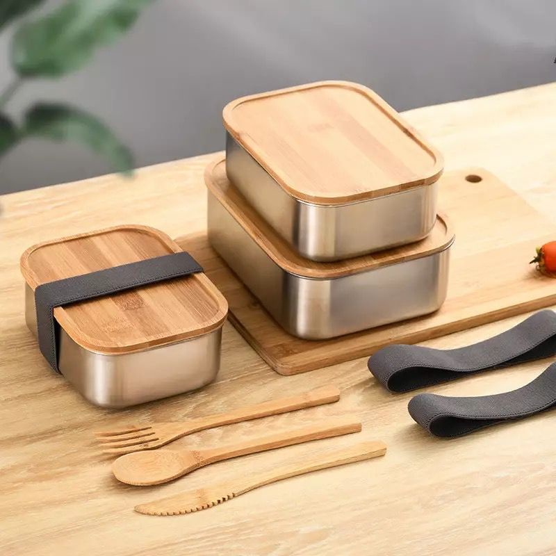 japanese style lunch box bento set stainless steel 304 wooden bamboo lid cover / kotak bekal tempat makan tutup bambu kayu premium quality