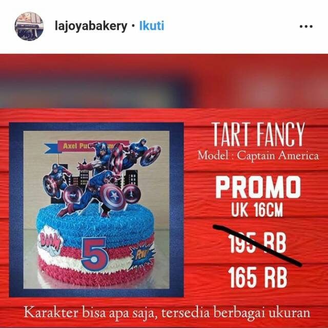 

Tart karakter/custom cake/ birthday cake/kie ulang tahun murah/Captain America