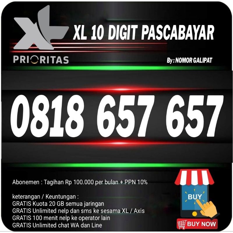 NOMOR CANTIK KARTU XL 10 DIGIT PASCABAYAR SERI ABC ABC 0818 657 657