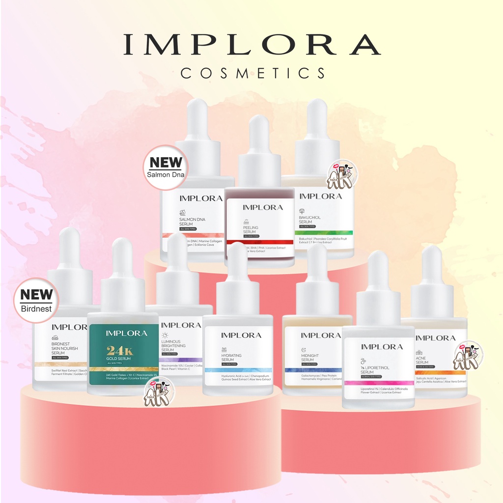 Implora Face Serum 20 ml - Luminous Brightening Serum/Acne Serum/Bakuchiol/Liporetinol/Midnight Serum/Peeling Serum/Hydrating Serum/23k Gold/Birdnest/Salmon Dna SerumBPOM