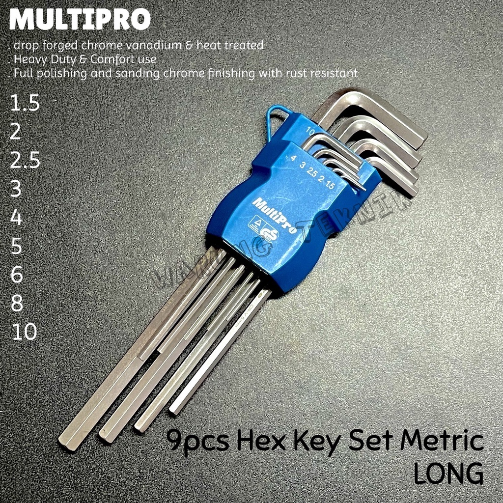 MULTIPRO 9 PCS HEX KEY SET EXTRA LONG FLAT BALL POINT KUNCI L SET PANJANG METRIC