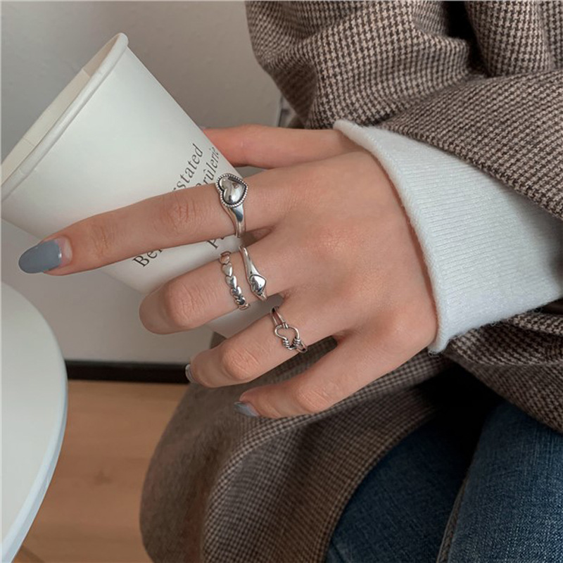 Korean Retro Love Heart Hollow Out Open Rings Female INS Trend Sweet Handmade Hip-hop Fashion Hip-hop Ring Silver Color