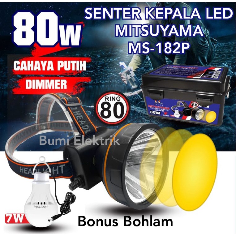 COD Senter Kepala LED 80W Super Terang  Mitsuyama MS-182P Bonus Bohlam Rechargeable