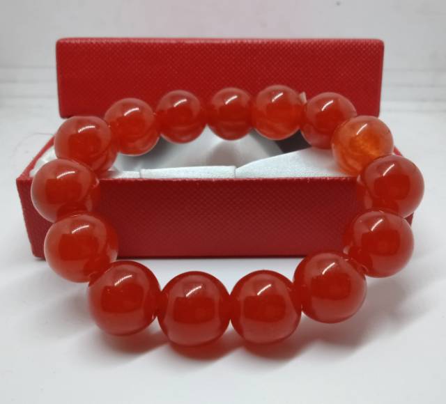 Gelang batu giok merah orange + kotak  12 mm