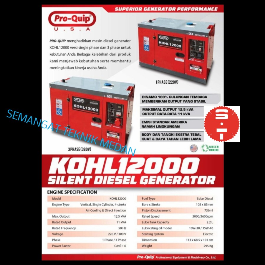 KOHL12000 GENSET LISTRIK SILENT SOLAR 11000 WATT 12,5KVA 12KVA PROQUIP