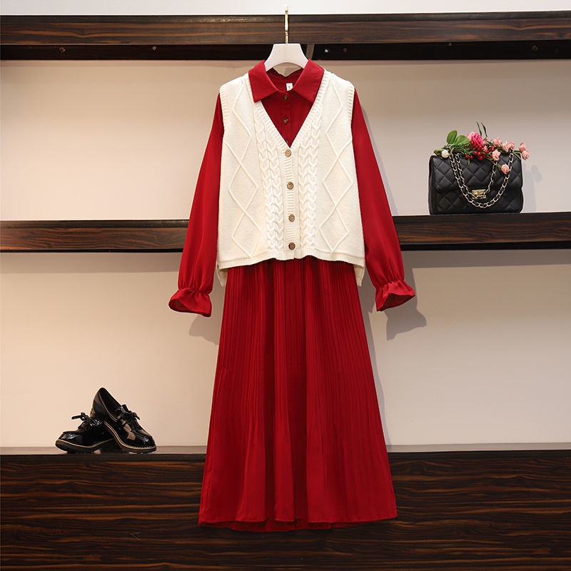Large women's clothing 2021 autumn new slightly fat sister fashion knitted vest slim dress two-piece