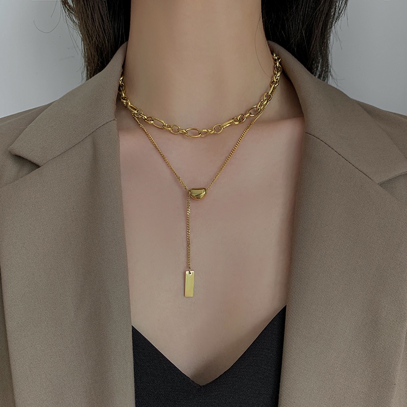 Kalung Rantai Double Layer Bahan Metal Gaya Retro Korea Untuk Wanita