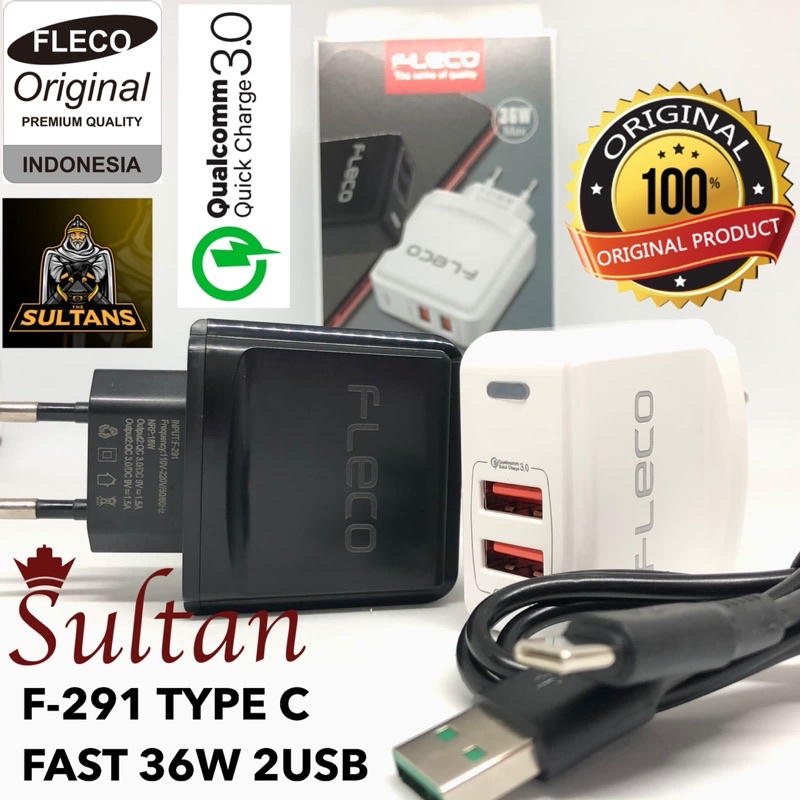 grosir charger tc fleco f291 micro 36w real ic fast charging 2usb