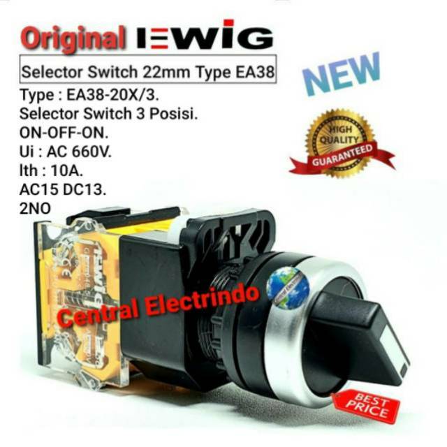 Selector Switch EWIG 22mm EA38-20X/3 3Posisi ON-OFF-ON 2NO.