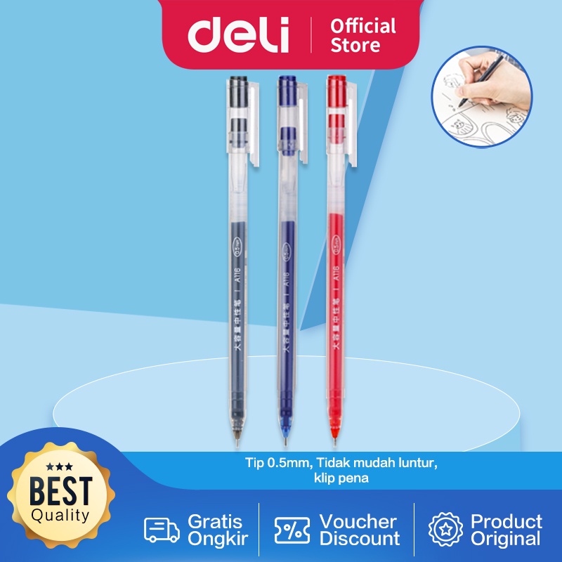 Deli Gel Pen Pulpen Gel Warna Hitam/Biru 0.5mm A116