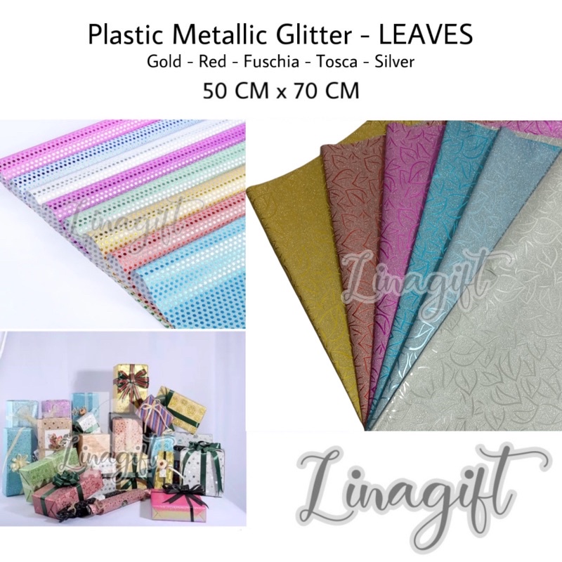 ( 3 Lembar ) PLASTIC METALLIC GLITTER LEAVES - KERTAS KADO PLASTIK GLITER METALIK EXCLUSIVE BICOLOR 2 SISI DOUBLE COLORS SILVER PERAK RED GLITER MERAH EMBOS ELEGANT EKSCLUSIF DAUN ELEGANT FANCY EUSTHATIC CLASSIC VINTAGE