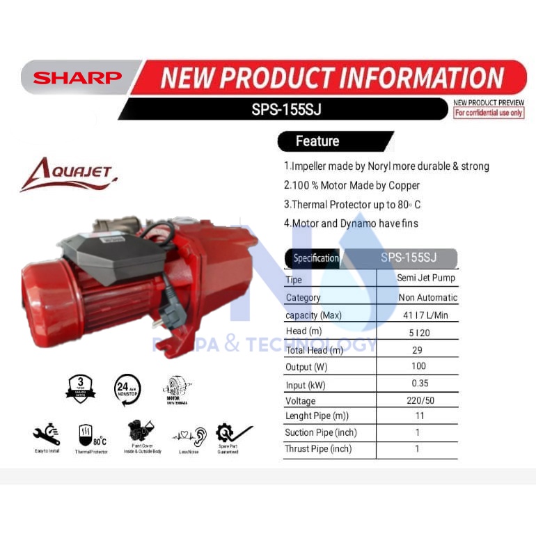 Pompa air semi jet non otomatis SHARP SPS 155 SJ