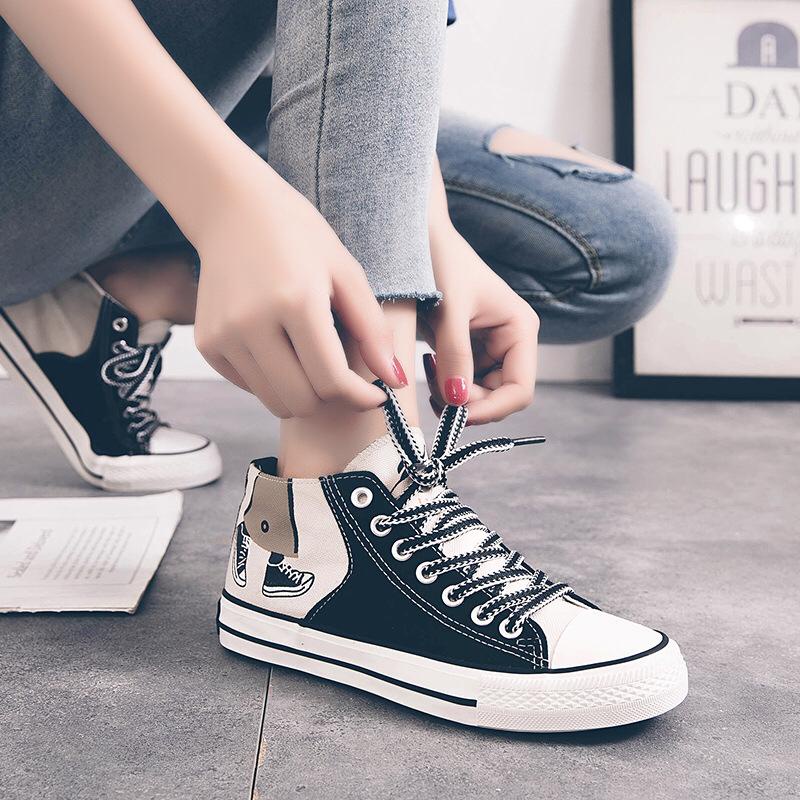 [ PAKAI DUS SEPATU ] Sepatu Tali Wanita Korea Sneakers Kanvas Kekinian Motif Kaki High Trend Fashion Remaja Dewasa Kyb01
