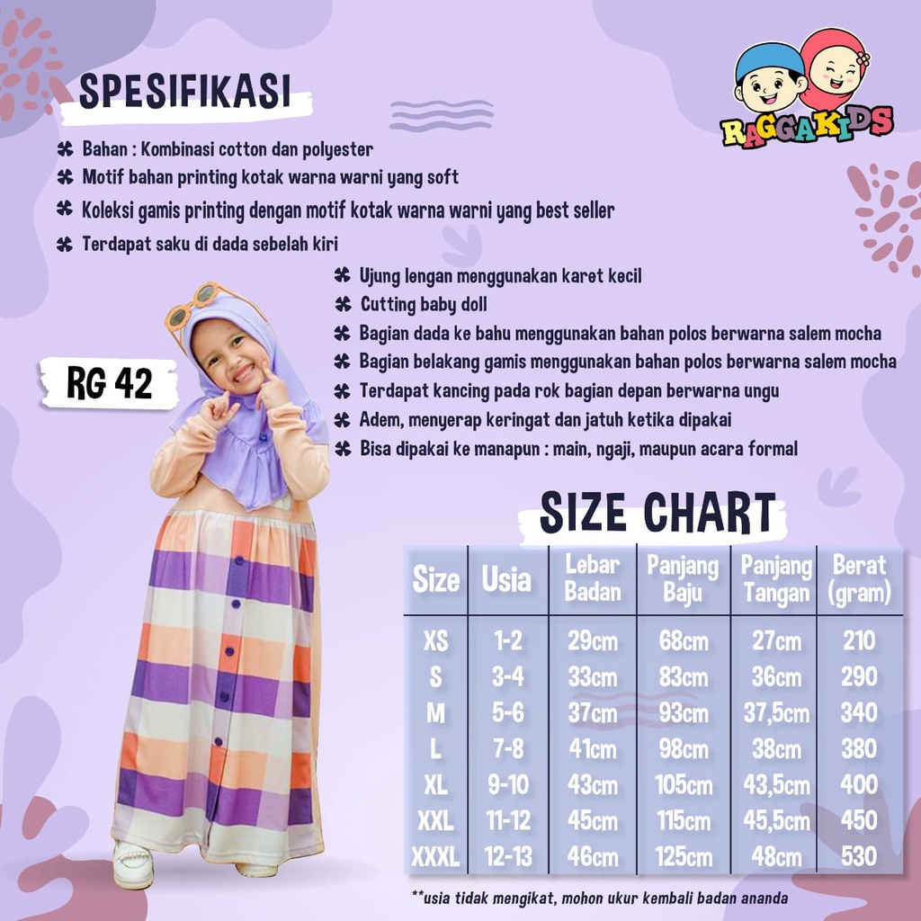 GAMIS ANAK PEREMPUAN REMAJA TANGGUNG PEREMPUAN  COUPLE TERBARU CASUAL SYAR'I BRANDED PREMIUM RAGGAKIDS RG 42