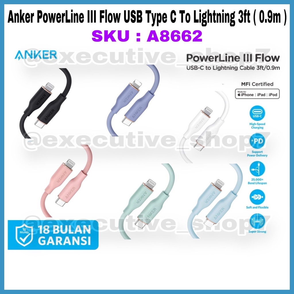 Anker PowerLine III Flow USB Type C to Lightning 3ft(0.9m) - SKU : A8662