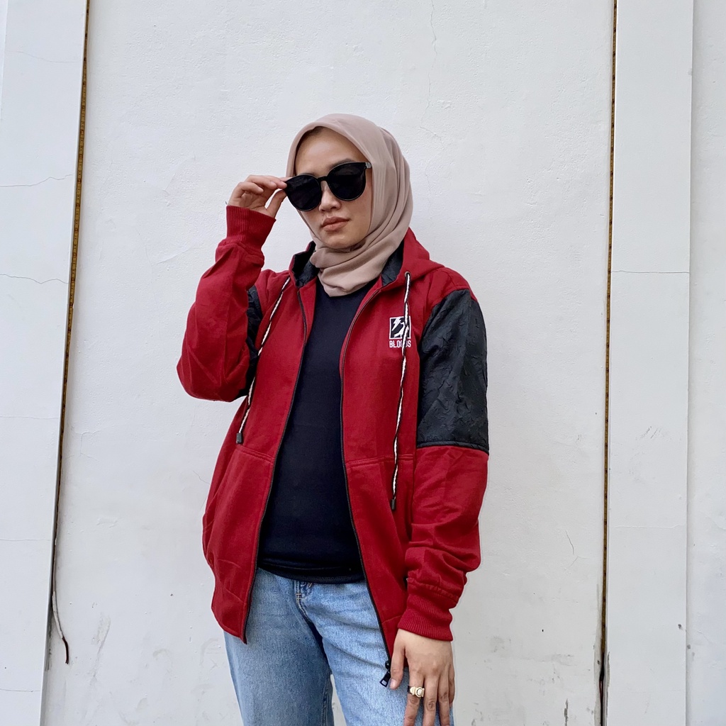 Jaket Sweater Zipper Bordir Kombinasi Qwilting MAROON BLDS