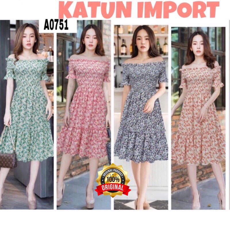 PAKAIAN DRESS TERUSAN CASUAL SABRINA KERUT DADA KATUN IMPORT WANITA FASHION PEREMPUAN