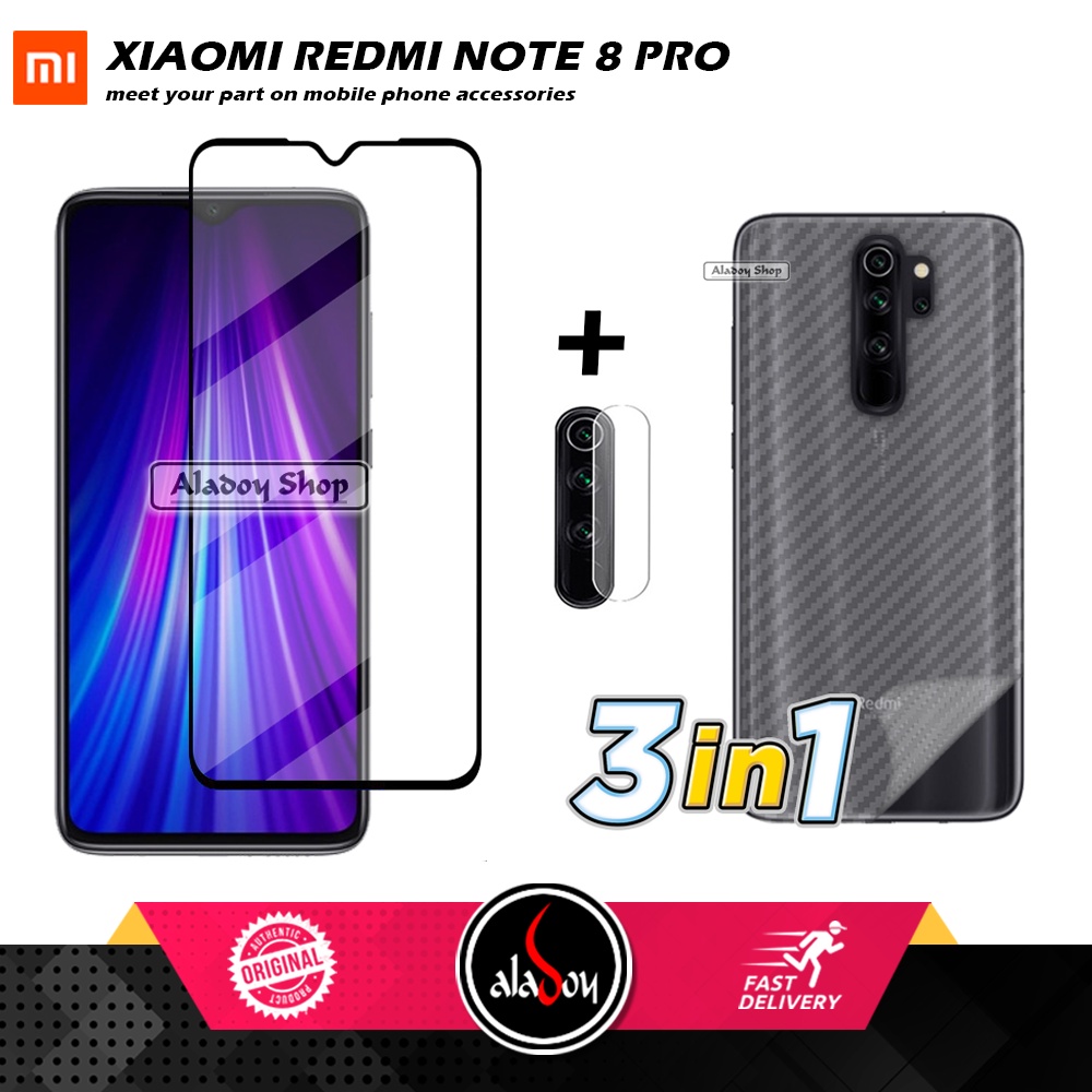 PAKET 3 IN 1 Tempered Glass Layar Xiaomi Redmi Note 8 Pro Free Tempered Glass Camera dan Skin Carbon