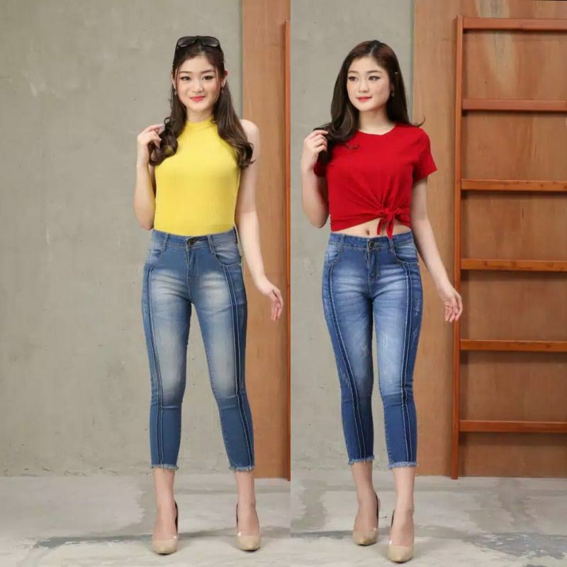 Celana Jeans 7/9 wanita two line skinny softjeans stretch melar robek rawis murah original bunbe