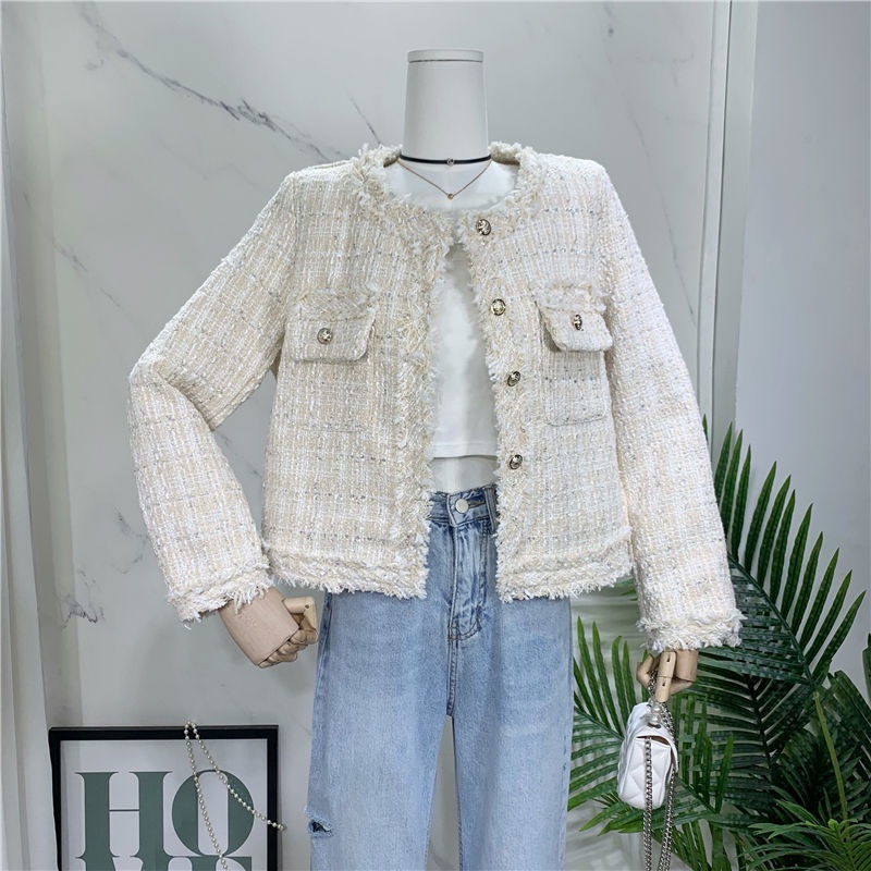 jaket korean style wanita selebritas small fragrance style brushed edge plaid coat slim woven tweed