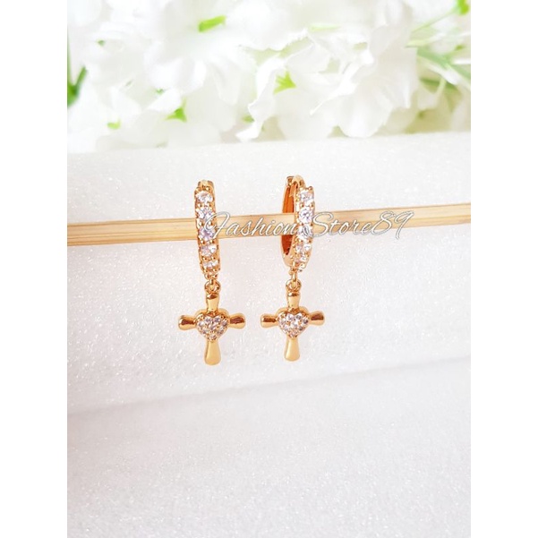 Anting Jepit Jurai Salib Permata perhiasan lapis emas impor fashion Rohani anting jepit jurai dewasa full permata putih impor