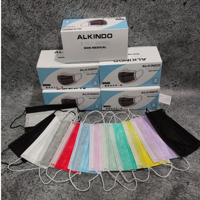 Ready Masker Alkindo 3 ply earloop hitam, pink, abu - abu, putih, kuning per box isi 50 lbr