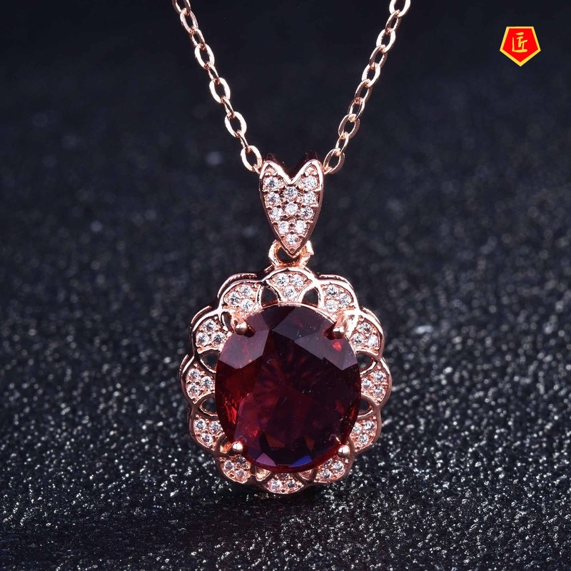 [Ready Stock]Micro-Inlaid Ruby Necklace Simple Women's Goose Egg-Shaped Banquet Pendant
