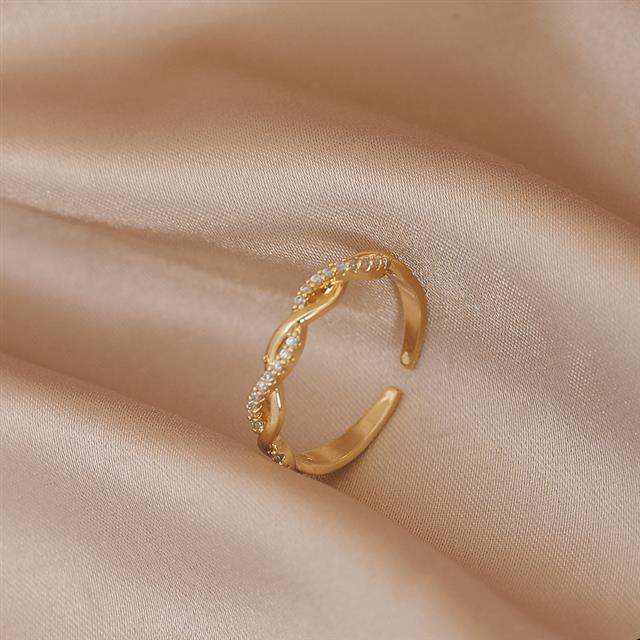 Korea woven twisted pembukaan cincin wanita mikro bertatahkan zircon cincin sederhana gaya dingin ci