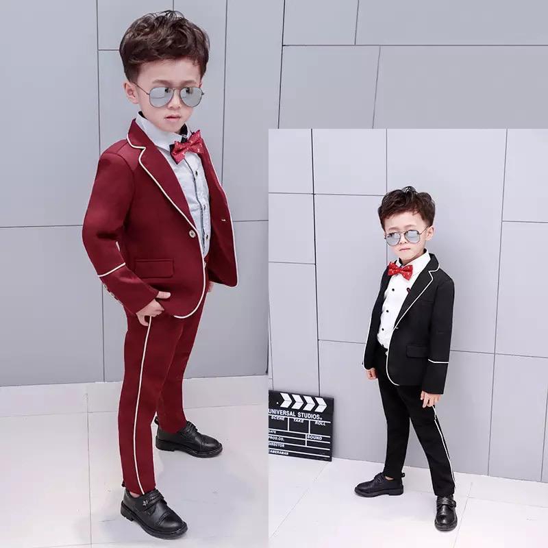 [set kidden OT]Setelan blazer anak laki laki katun Maroon/Hitam