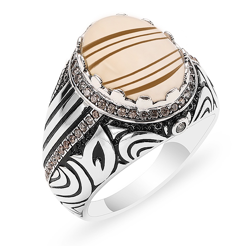 Cincin Motif Print Garis Aksen Batu Putih Gaya Vintage Untuk Pria