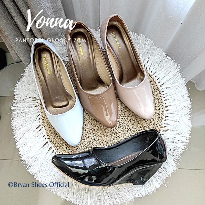 Bryan Vonna Pantofel Wedges 7cm 3cm Glossy Formal Kantor Kilap 36-40 41 42 43 Jumbo Oversize Bigsize