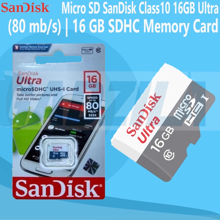 Micro SD SanDisk 16GB Ultra Class10 80mb/s Memory Card Class 10 16 GB