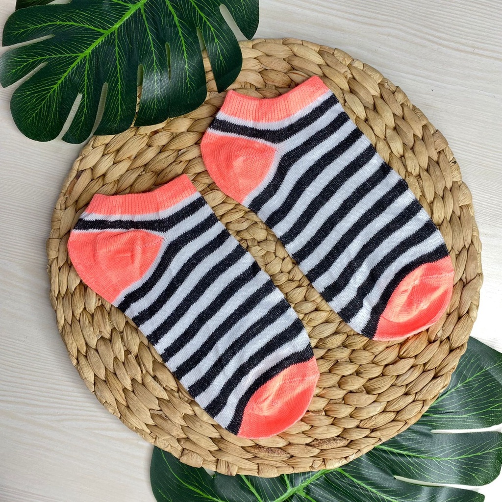 HC Kaos Kaki Ankle Polos Wanita KaosKaki Pendek Korea Murah Short Socks Kaos Kaki Motif Love Garis Murah-3 GARIS OREN