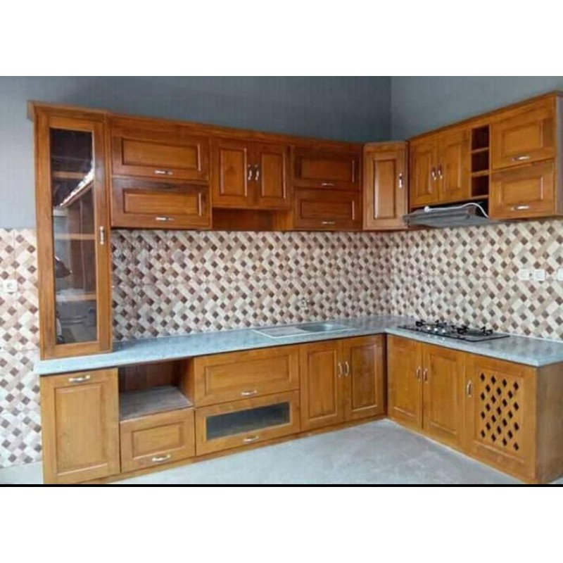 (free kompor tanem, penghisap asap, bak westafel) kitchen set  minimalis jati atas bawah