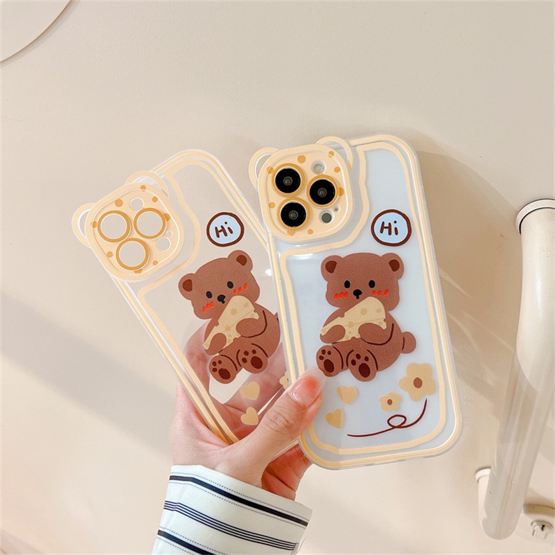 Soft Case Silikon Motif Beruang Keju Untuk Compatible for iPhone 14 13 12 11 Pro Max X Xr Xs Max iPhone 8 7 6 6s Plus SE 2020 Cheese Bear Clear Phone Case Bear Lens All-Inclusive Silicone Shockproof Anti-fall Phone Cover