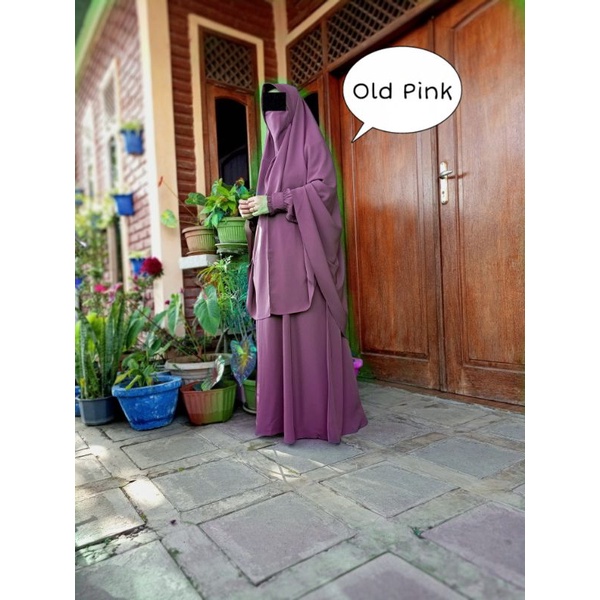 Gamis syari wolfis premium set cadar murah-Old Pink