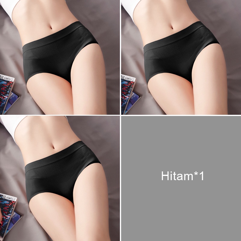 Celana Dalam Wanita Briefs Elastis Seamless Mid Waist Bahan Katun-Hitam