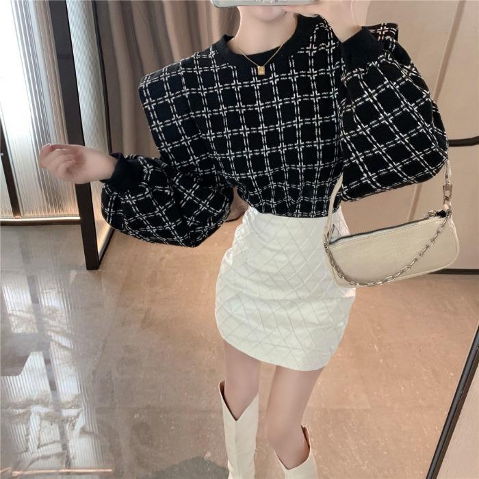 Suhao Musim Semi dan Musim Gugur Vintage Kotak-kotak longgar Frils Splice Shirt Top Wrap Hip A-line Rok Wanita Gaya Barat Set