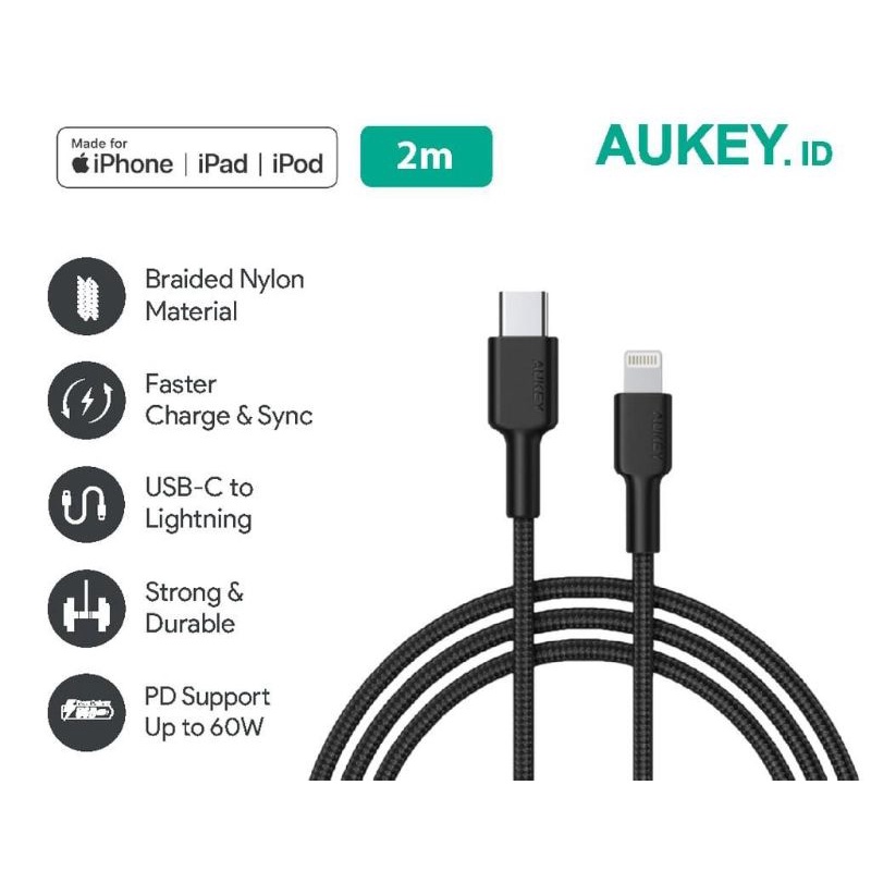 Aukey Kabel Data CB-CL2 Braided Nylon MFi USB-C T0 Lightning 2m Black