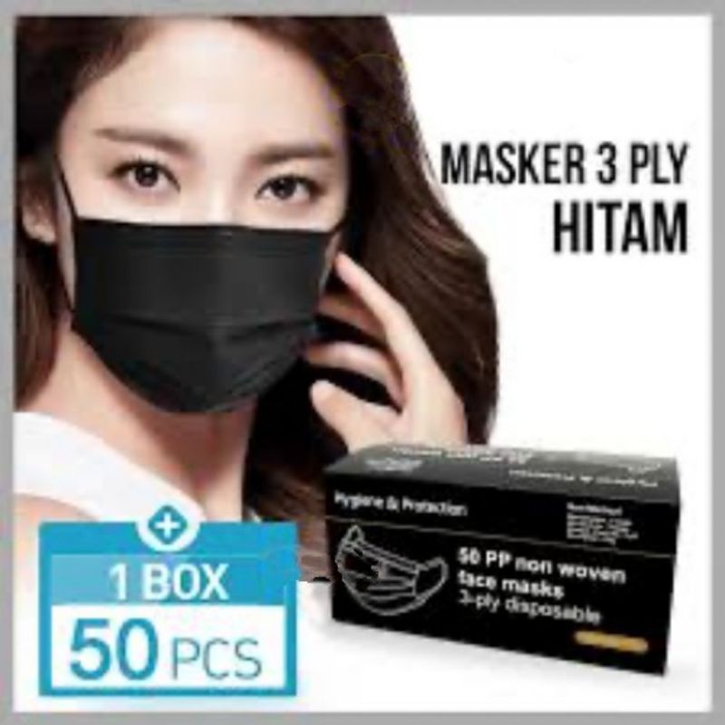 Masker 3PLY Hitam, Masker Earloop Hitam 3 PLY, Masker BLACK 3ply Earloop
