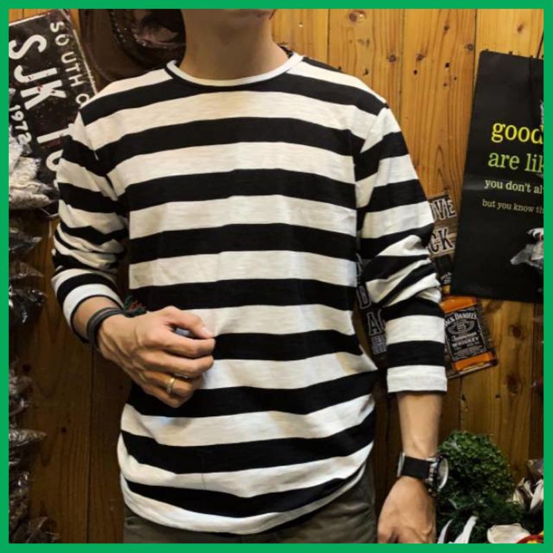 Kaos Branded PTT pria lengan panjang salur hitam putih belang  TA AA