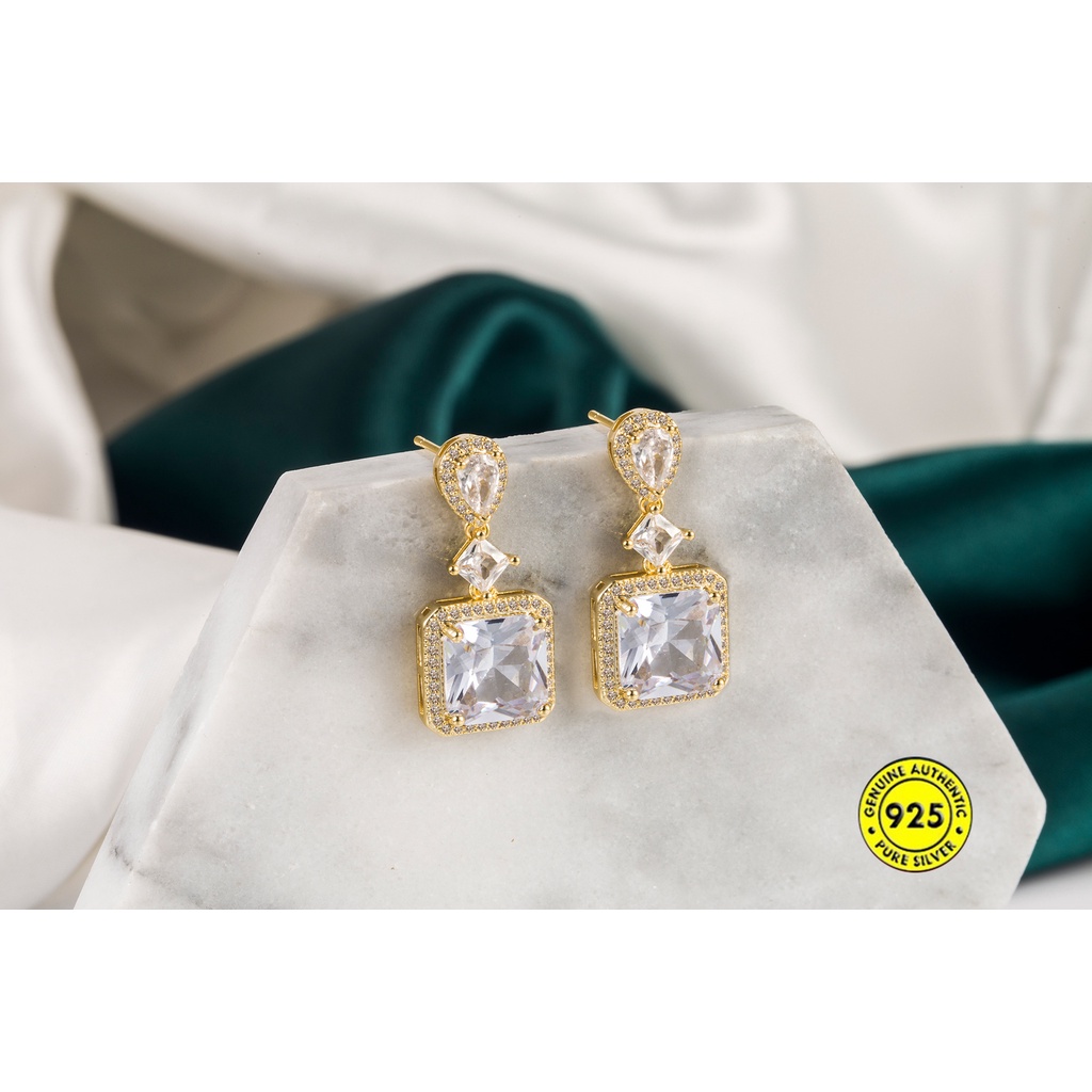 Anting Bahan Sterling Silver 18K Gold Bentuk Persegi Aksen Zircon