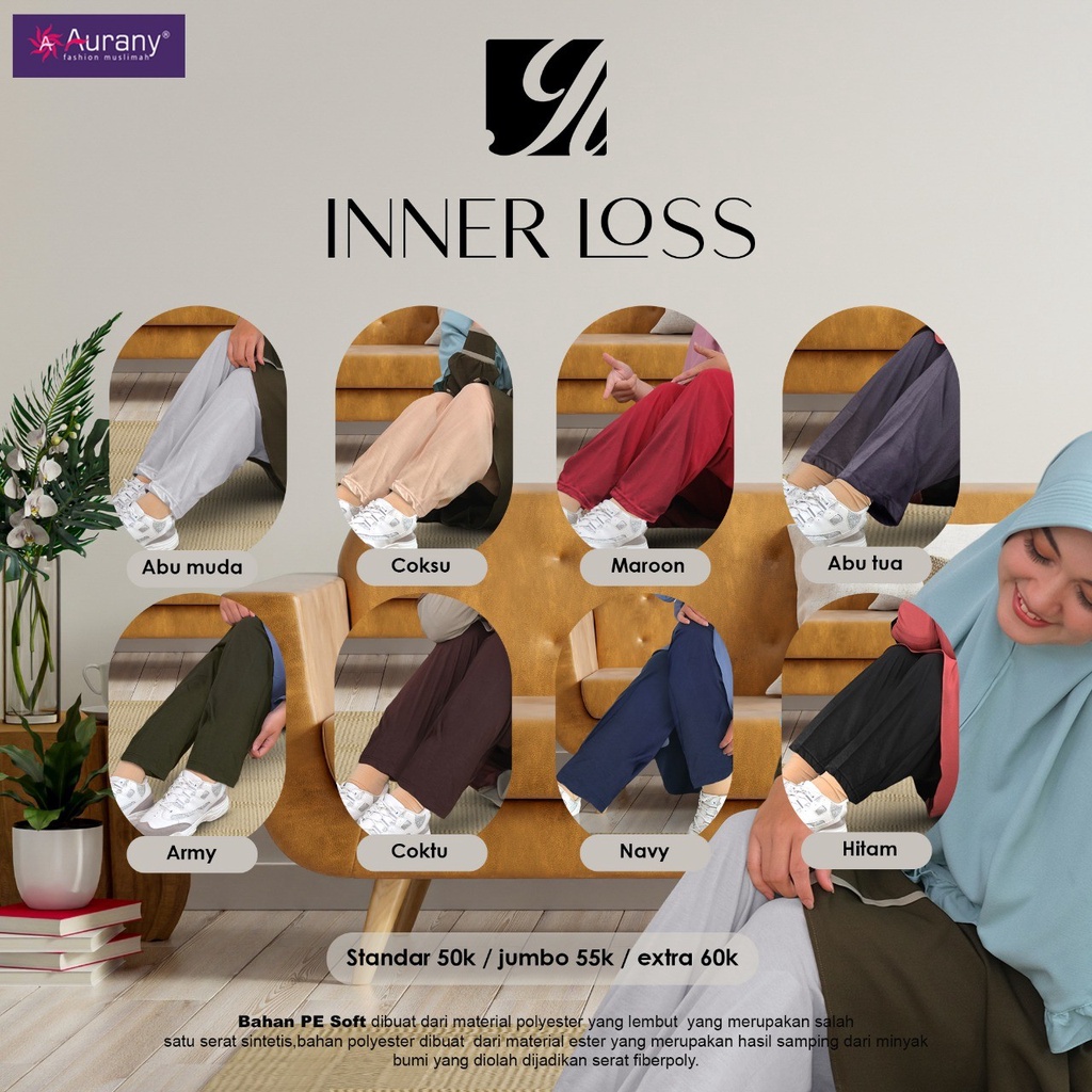Aurany-Inner Loss Dewasa Celana Dalaman Gamis Bahan PE Soft Warna Abu muda-Coksu-Abu tua-Army-Coktu-
