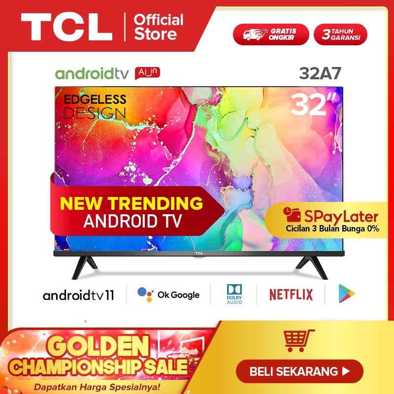 TCL 32 inch Smart LED TV – Android 11.0 – Frameless – HD – Google Voice/Netflix/YouTube – WiFi/HDMI/USB/Bluetooth – Dolby Sound (Model : 32A7)